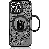 Heaofei Cute Case for iPhone 16 Pro Case with Stand [ Compatible with MagSafe ] Kawaii Black Cat & Floral & Butterflies Pattern Design 360 Magnetic Ring Kickstand Phone Cover for Women Girls Boys