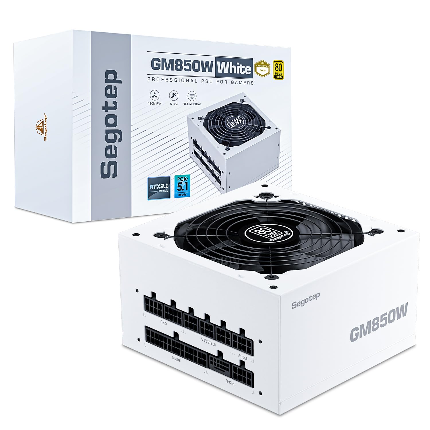 Segotep GM850 White Power Supply 850W, PCIe 5.1 & ATX 3.1 Full Modular 80 Plus Gold PSU for NVIDIA RTX 40/50 Series and AMD Graphics Cards, Japanese 105°C Capacitor
