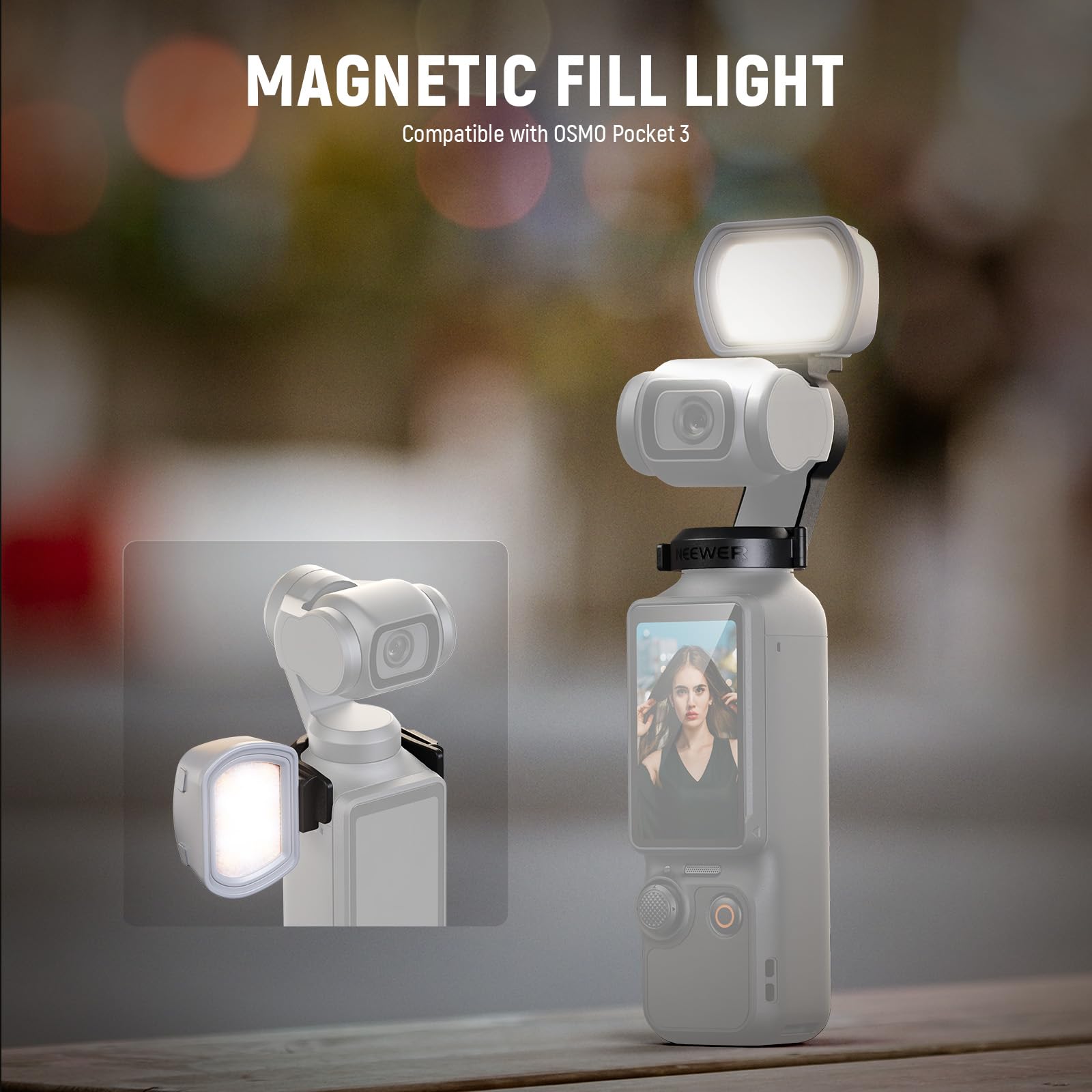 NEEWER Basics Magnetic Auxiliary Light Compatible with DJI OSMO Pocket 3 Gimbal Cam Creator Combo, 1.3W USB C Rechargeable Plastic Mini LED Fill Light Attachment for Selfie Vlog Video Recording, M21