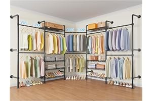 Timate L5 Expandable Wall Mounted Clothes Rack for Corner, L Shape Heavy Duty Industrial Pipe Clothing Rack with 8 Adjustable Shelves & 4 Hanger Rods, Closet System for Hanging Clothes, Black