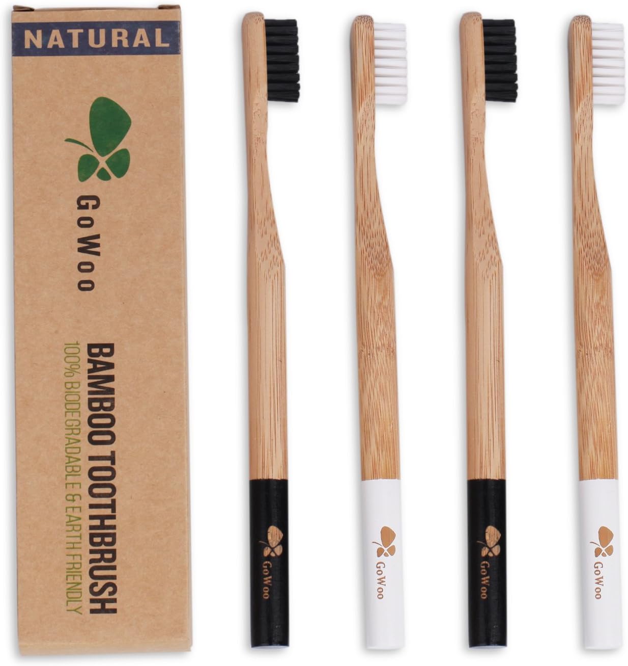 GoWoo 100% Natural Bamboo Toothbrush Soft - Organic Eco Friendly Toothbrushes with Soft Nylon Bristles, BPA-Free, Biodegradable, Dental Care Set (Pack of 4, Adult, Panda)