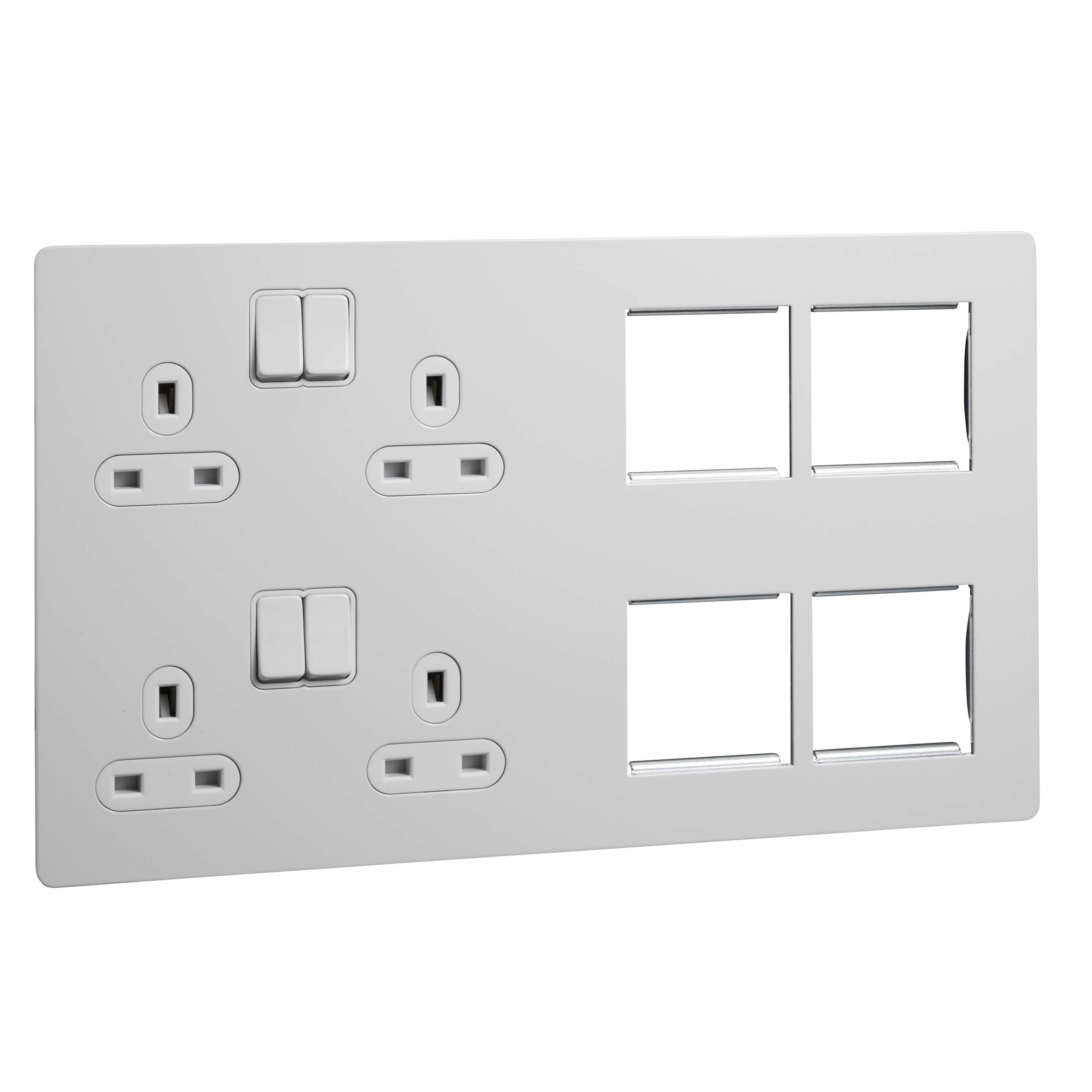 Schneider Electric Ultimate Screwless Flat Plate - Switched 4 Gang Power Socket, Double Pole with Combination Media Plate, GU34204DMPWPW, Painted White with White Insert