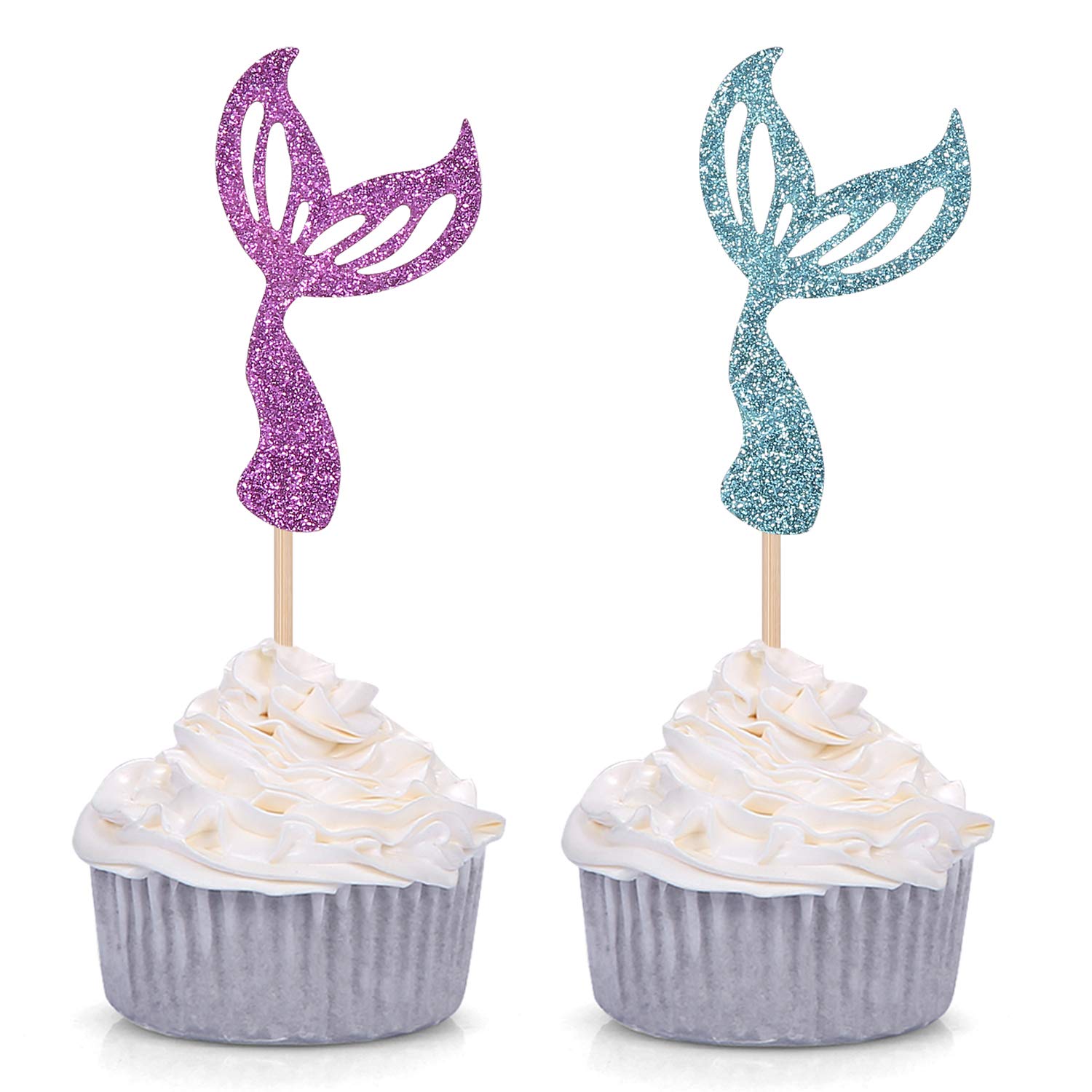 Giuffi Set of 24 Glitter Purple/Blue Mermaid Tail Cupcake Toppers Kids Theme Party Decor - by