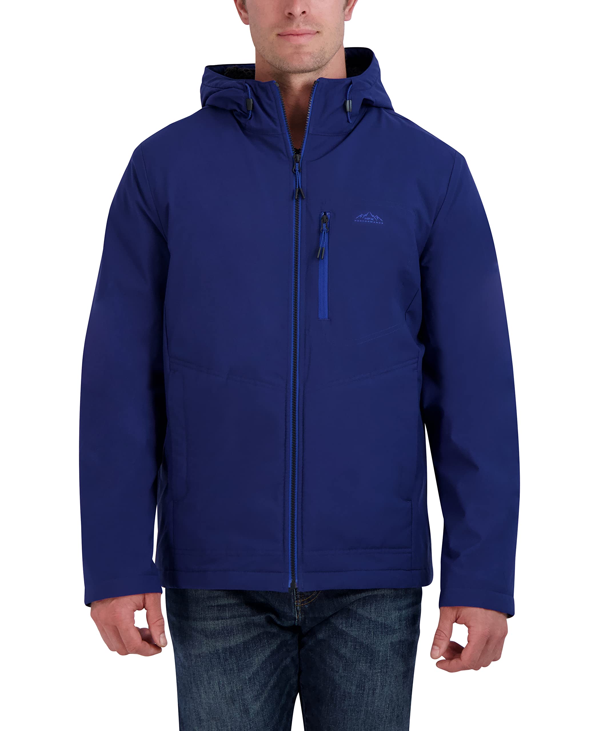 Photo 1 of HFX Men's Water Resistant Softshell Jacket Long Sleeve Zip Up Sherpa Lined Hooded Coat, Night Blue, Large