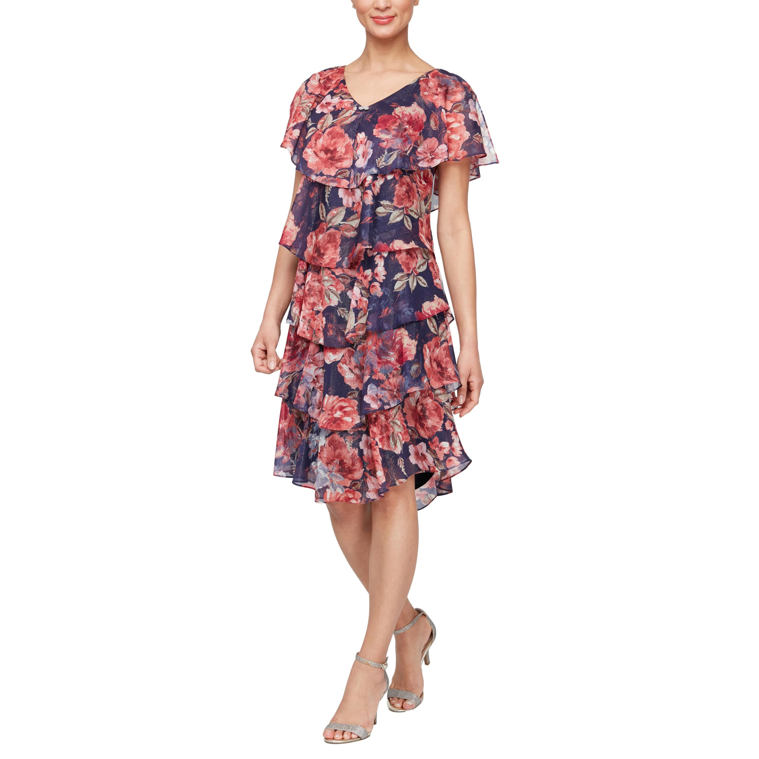 S.L. FASHIONS Women’s Short Sleeve Floral Tiered Chiffon Cocktail Spring/Summer, Wedding Guest Dress, Plum/Multi