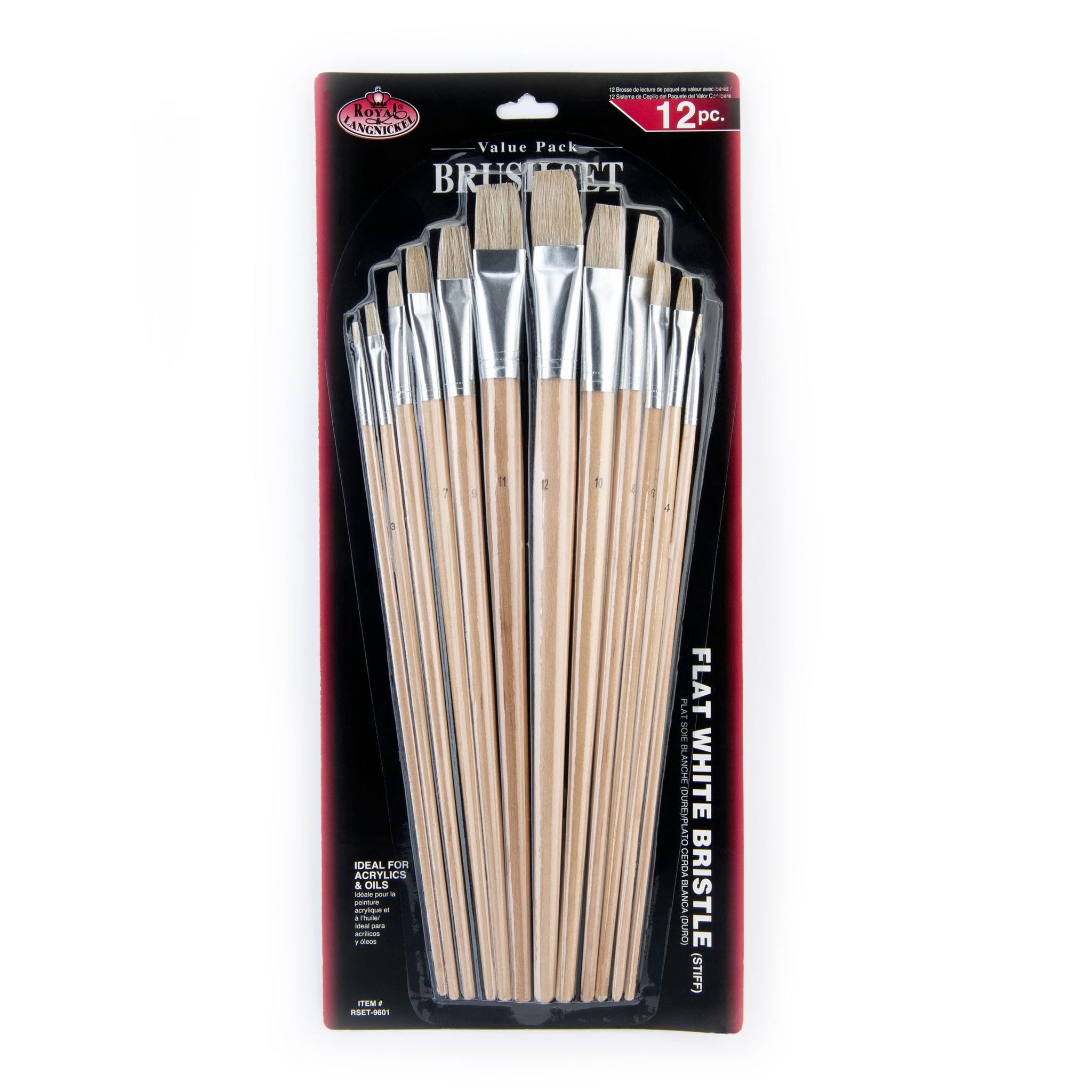 Royal and Langnickel Flat Bristle Long Handle Brush Set - White (Pack of 12)