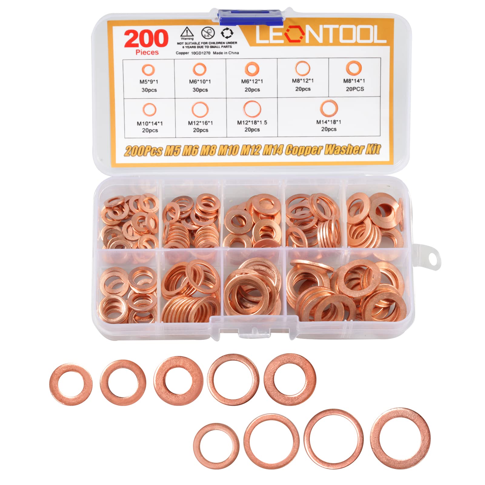 LEONTOOL 200 PCS Copper Metric Sealing Washers Assortment Set 9 Sizes Copper Washers with Storage Box Flat Ring Sump Plug Oil Seal Gasket Auto Repair Tools M5-M14