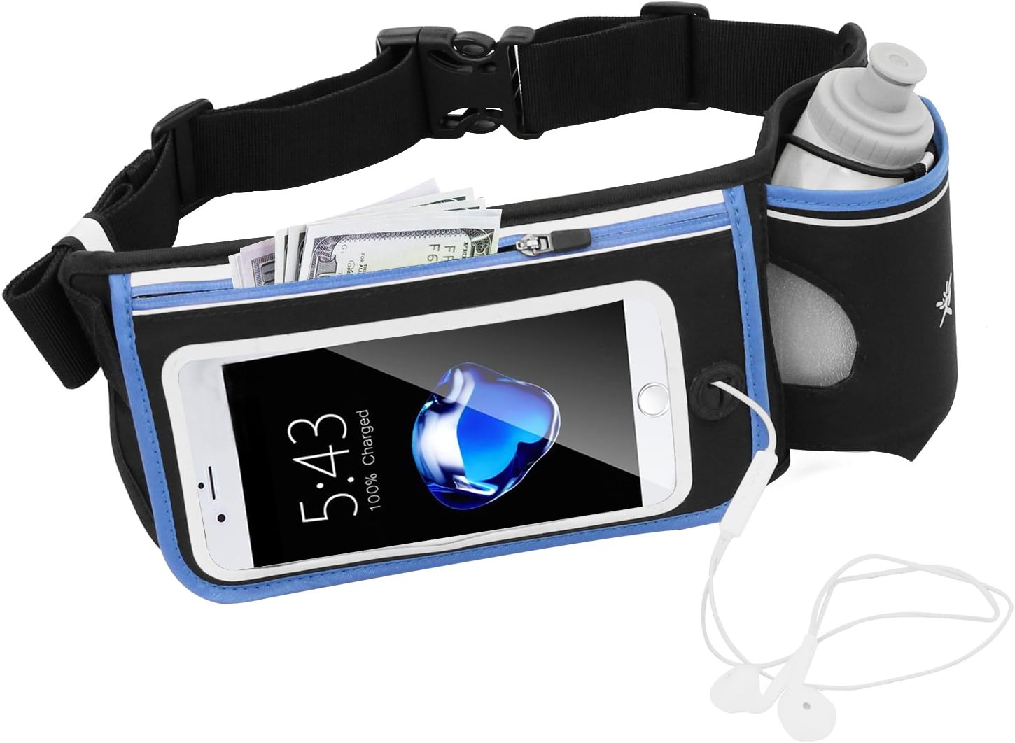 No Bounce Reflective Hydration Running Belt with BPA Free Water Bottles, Hydration Waist Pack, Sports Waist Pouch for Hiking Running Jogging Climbing, Fits iPhone6, 6s Plus, Se, Samsung GalaxyS6/5 Note 4/3/2