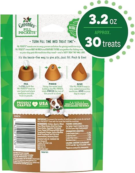 GREENIES PILL POCKETS TREATS FOR DOGS PEANUT BUTTER – TABLET SIZE 3.2 OZ. 30 TREATS
