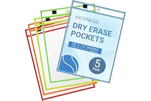 AKONEGE 5 Pack Oversized Dry Erase Pocket Sleeves - 10 x 13 Inch Ticket Holders Reusable Clear Plastic Sleeves Sheet Page Protectors for School Teacher Supplies & Classroom Organization, 5 Colors