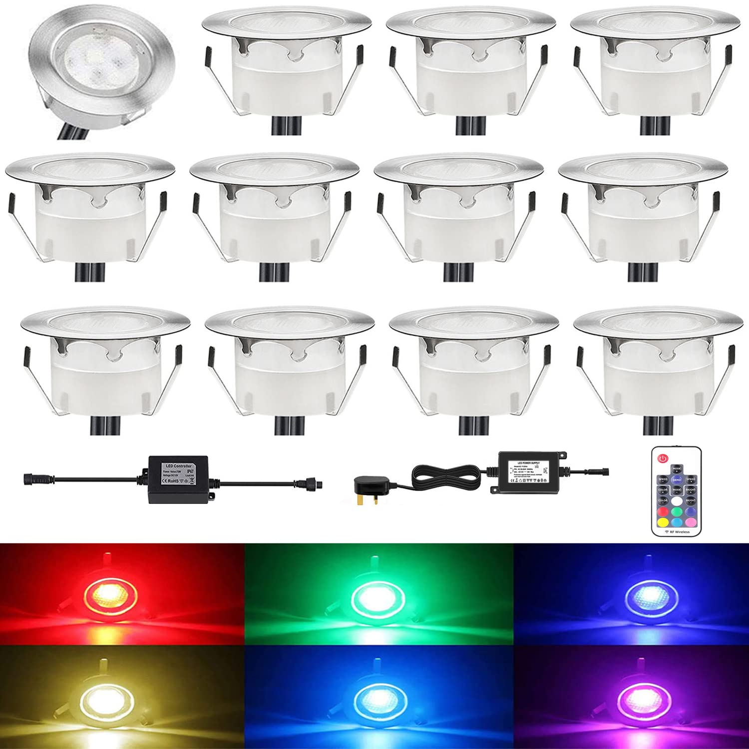 CISLAN Waterproof Plinth Deck Lights RGB Multi-Color 12 Pack IP67 Waterproof Indoor/Outdoor Decor Light with Remote Control High Brightness Buried Garden Light for Decking Lighting, Kitchen Plinths