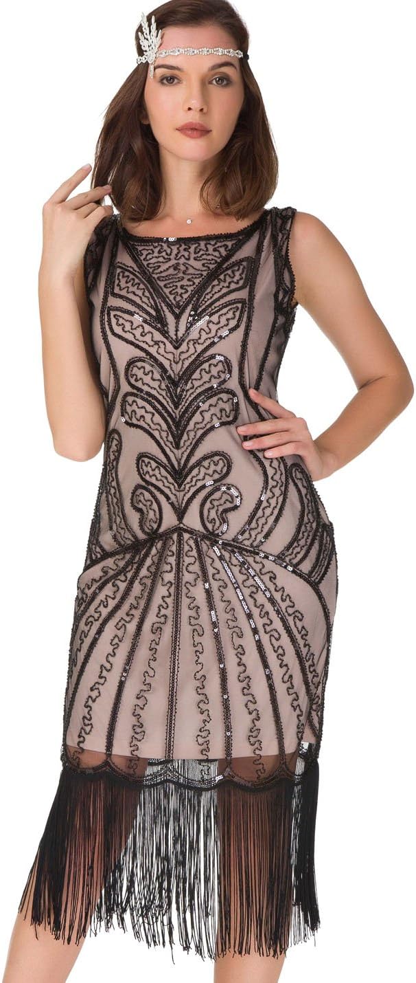 uniq sense xs-4xl Women's Roaring 20s V-Neck Gatsby Dresses- Vintage Inpired Sequin Beaded Flapper Dresses