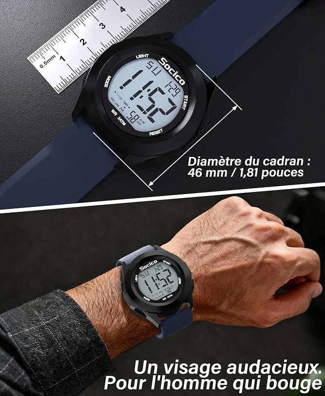 Montre Numérique de Sport Militaire pour Homme, Étanche Chronographe d'extérieur avec éclairage LED Alarme de Date (Bleu) — photo 3 sur 7