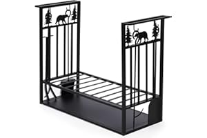 MYFIREPLACEDIRECT Firewood Rack with 4 Fireplace Tools,Outdoor Heavy-Duty Log Wood Storage Accessory for Indoor Fire Pit Wood Holders with Shovel, Poker, Tongs, Broom