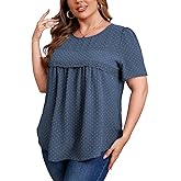 CARROTMOB Plus Size Women's Summer Pleated Tops Crewneck Short Sleeve Lace Crochet Loose Casual Summer Blouses Shirts