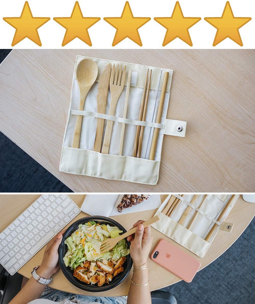 EccoxTravel Bamboo Utensils Cutlery Travel Set | Portable Reusable Eco-Friendly Flatware Pack | Premium Outdoor Wooden Tableware for Kids & Adults | Spoon, Fork, Knife, Straw, Chopsticks,Toothbrush,