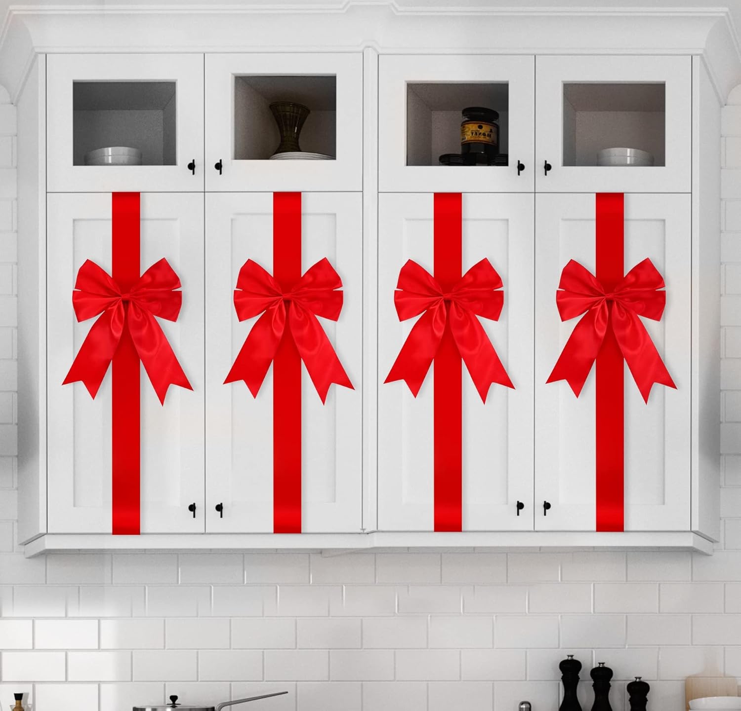 Bows & Ribbons - Kovot Set of 8 Hanging Ribbon Bows Christmas Decoration for Kitchen Cabinets, Behind Chairs, Doors, Railings & Windows - Red