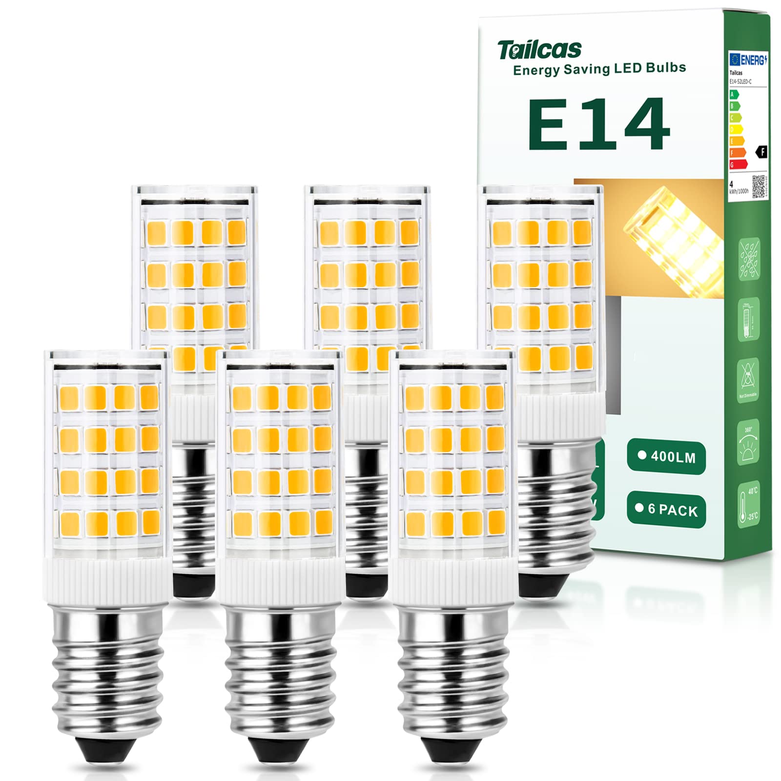 Tailcas E14 LED Light Bulb 4W Warm White 3000k, E14 LED Cooker Hood Bulbs Equivalent to 40W Halogen,400lm Non-Dimmable, Small Edison Screw Bulb for Fridge,Interior Lighting,Sewing Machine, 6 Pack