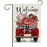 Dyrenson Welcome Valentines Day Truck Decorative Garden Flag, Red Love Hearts Plaid Bow Farmhouse Yard Outside Home Decoration, Anniversary Wedding Burlap Outdoor Small Decor Double Sided 12 x 18