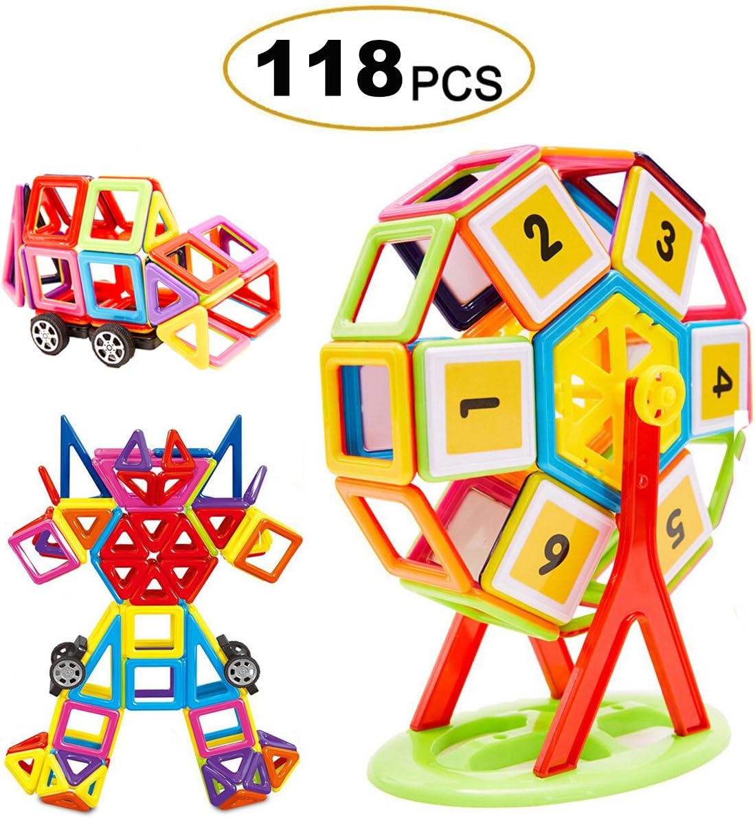 Magnetic building blocks,FLYTON 118pcs Magnetic Building Set,3D Educational Magnetic Varied Shapes Strong Magnets,2 Wheels & Bag,Kids Magnetic Toys Kits beyond Creativity,Imagination,Inspiration