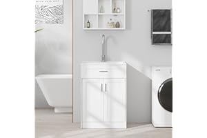 INTOBOO 24 Inch White Laundry Sink with Cabinet, Ceramic Utility Sink with Cabinet and Faucet - Bathroom Vanity Combo, Freestanding Laundry Sink for Laundry, Utility Room, Bathroom, Kitchen, Garage