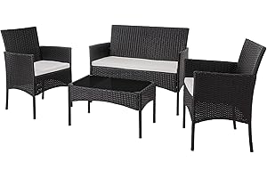 SHINTENCHI Shintench 4 Piece Outdoor Patio Furniture Sets, Small Wicker Patio Conversation Furniture Rattan Chair Set with Tempered Glass Coffee Table For Backyard Porch Garden Poolside Balcony, Black