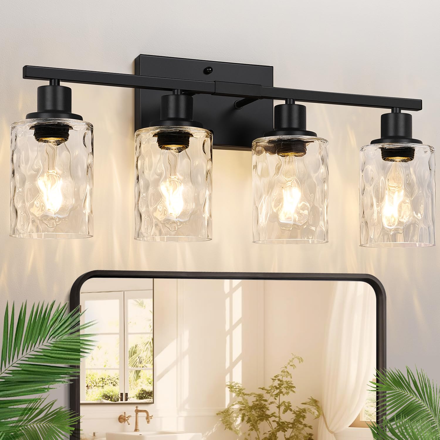 Photo 1 of Indoi 4-Light Bathroom Light Fixtures, Matte Black Vanity Light with Water Ripple Clear Glass Shades for Mirror, Living Room, Bedroom, or Porch