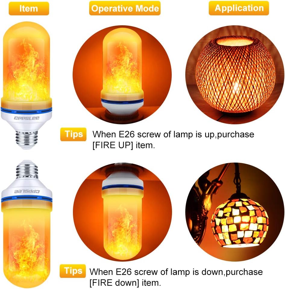 CPPSLEE LED Flame Effect Light Bulb, 4 Modes Flame Lights Bulbs, E26 Base Fire Light Bulbs with Gravity Sensor, Halloween Decorations Flickering Light Bulb for Indoor/Outdoor/Home/Party Decor(2 Pack) - - 