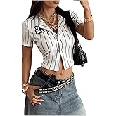 MakeMeChic Women's Y2k Striped Button Down Shirt Short Sleeve Blouse Crop Tops