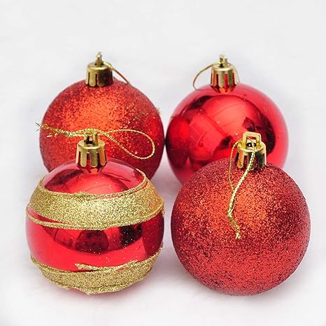 Solmore 4pcs 6cm Painted Gold Powder Mixed Type Christmas Light Ball Painted San Ball Decorative Gift Red-A