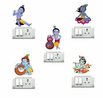 DecorVilla PVC Vinyl Krishna Switch Board Wall Sticker (25x25 cm, Multicolour)