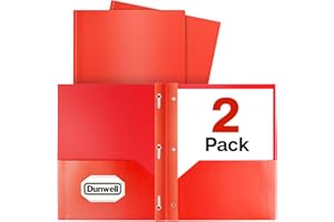 Dunwell Plastic 2-Pocket Folders with 3 Prongs, (2 Pack, Red), Durable Acid-Free Poly is Cleanable, Tear Resistant, 3-Clasp Document Holder, Labels Included