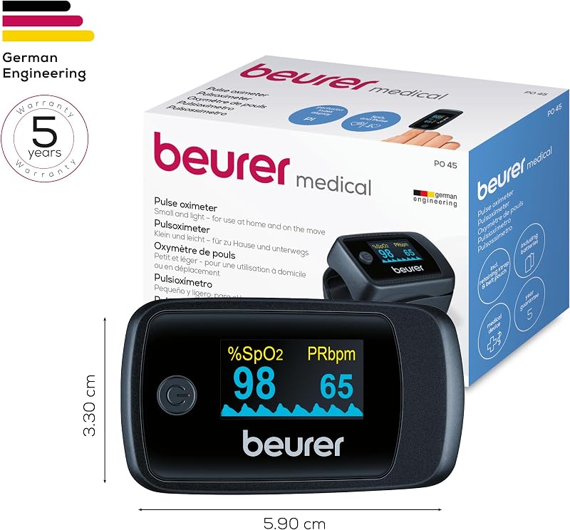 PO 45 Saturimetro da dito Professionale Certificato, Monitoraggio della Saturazione di Ossigeno, Frequenza Cardiaca, Indice di Perfusione, Pulsossimetro con Spegnimento Automatico