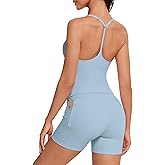 OMKAGI 2 Piece Workout Sets for Women Cute Y Back Tank Tops Booty Shorts Outfits with Pockets