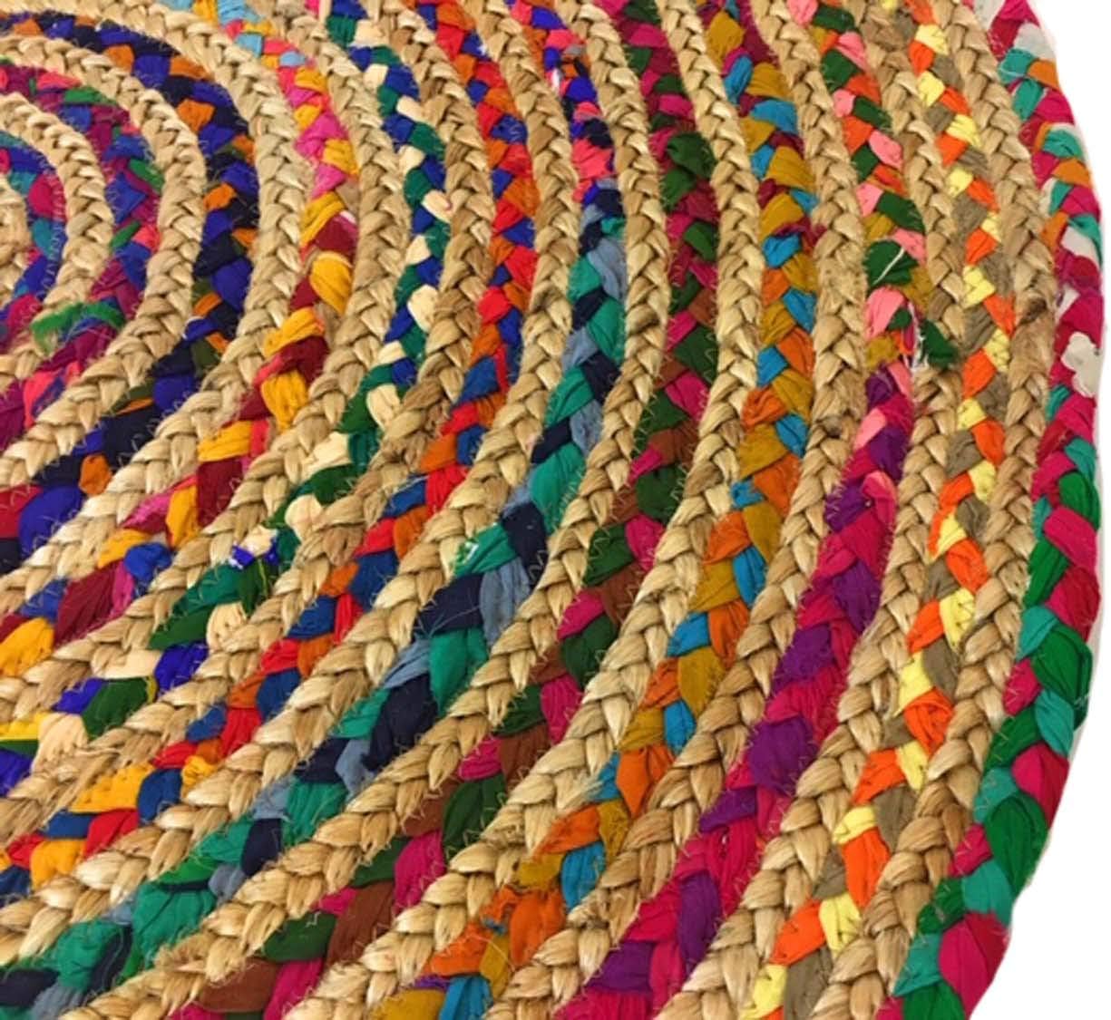 Second Nature Online Mishran Eco Friendly Medium Round Braided Rug Flat Weave with Natural Jute and Multi Colour Recycled Material 90 cm Diameter - Image 4