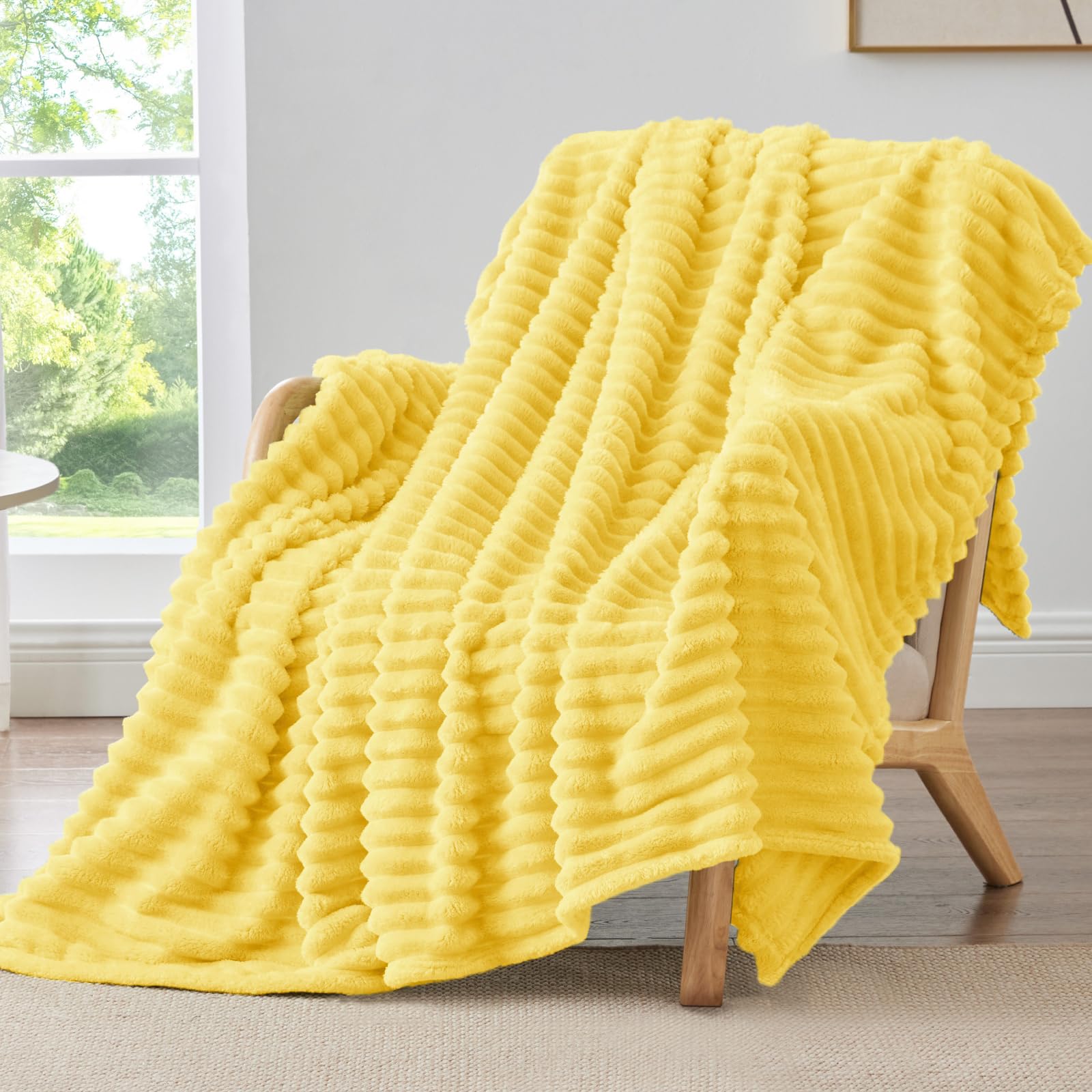 BEDELITE Twin Blanket for Couch & Bed, 300GSM Soft & Warm Fleece Blanket, Decorative and Giftable Striped Custard Yellow Blankets for Women, Men, 60"x80" Image