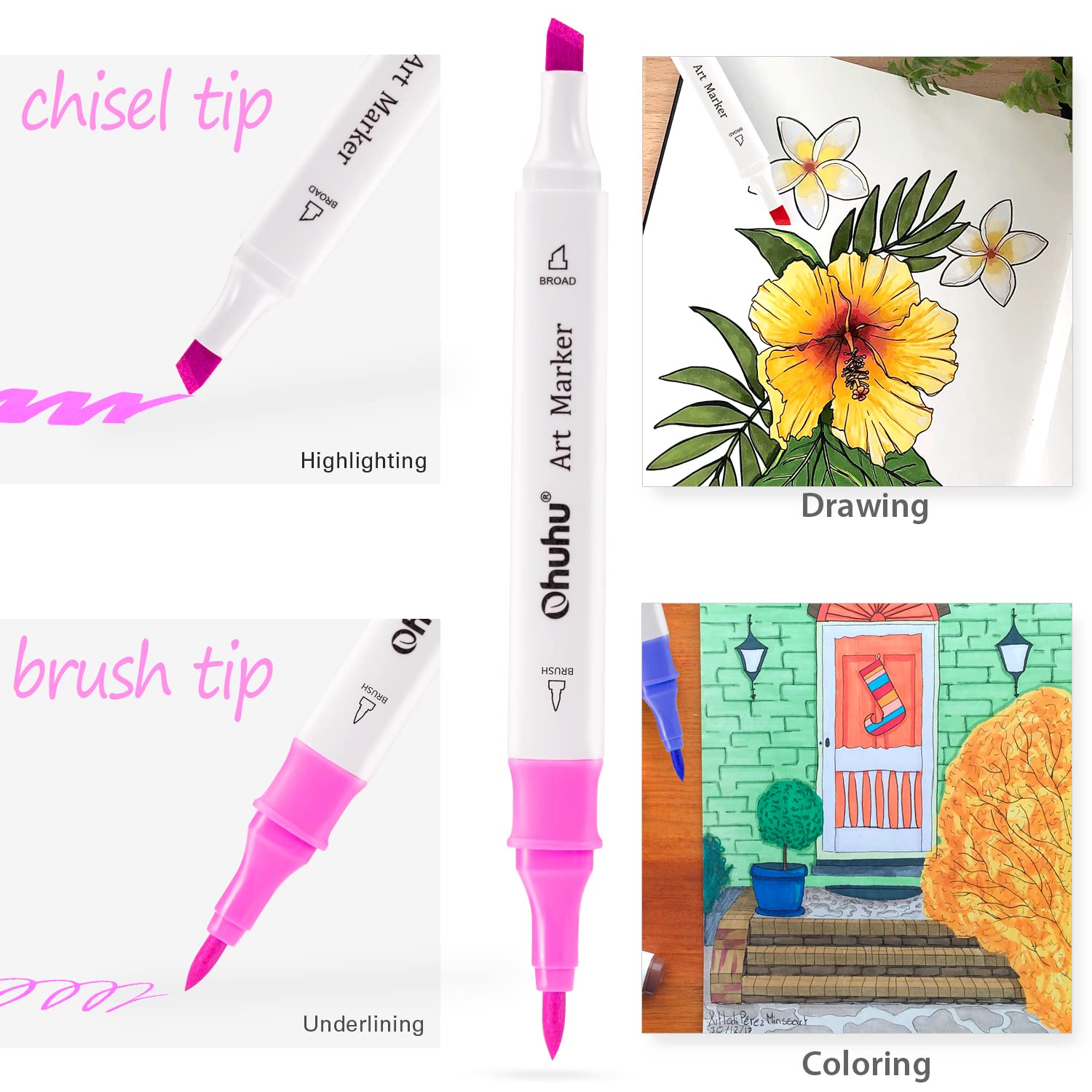 Ohuhu Fineliner Pens 9 Pack Black Ink Quick-drying Alcohol Markers Brush& Chisel Tips 48 Colors