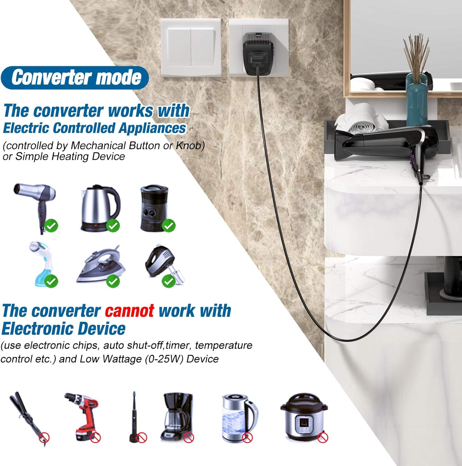2000W Voltage Converter Adapter US to Europe, UK, Australia, Italy, Spain, Asia Over 150 Countries - Step Down 220V to 110V for Electric Product Like Hair Dryer Steam Iron Cell Phone Laptop MacBook: Home Audio & Theater