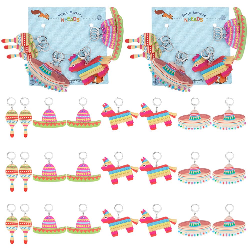 NBEADS 24 Pcs Mexican Carnival Day Stitch Markers, Sombrero/Racket/Horse Crochet Stitch Marker Charms Removable 304 Stainless Steel Clasps Locking Stitch Marker for DIY Craft Jewelry Making