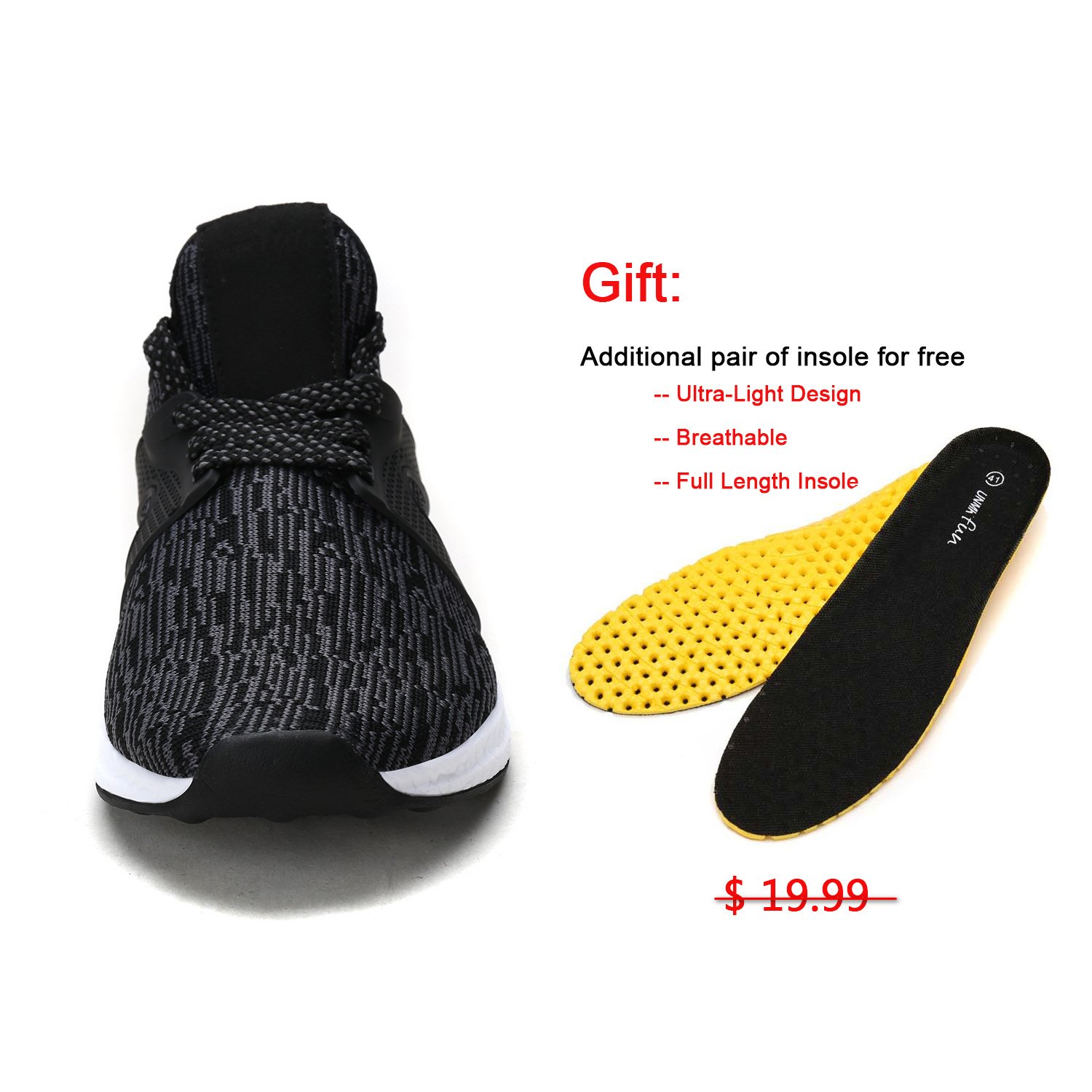 UNMK FUN Men\'s Fashion Sneakers Casual Athletic Ultra Lightweight Soft Sole Running Walking Shoes (8, Black)