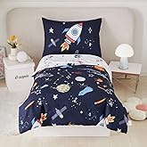PERFEMET 4 Pcs Toddler Bedding Dark Blue Outer Space Printed Toddler Bed Set with Sheets Reversible Planet Rocket Pattern Bed in a Bag for Toddlers(Dark Blue, Planet/Rocket)
