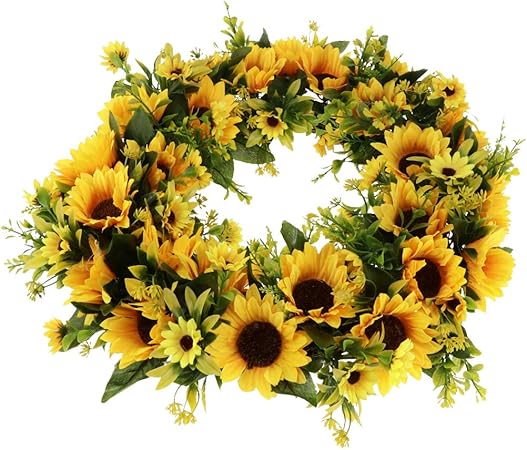 Amazon フラワーリース ひまわりの花輪 花輪 ドアの花輪 ウェディング クリスマス 祝電 電報 結婚式 造花 通販