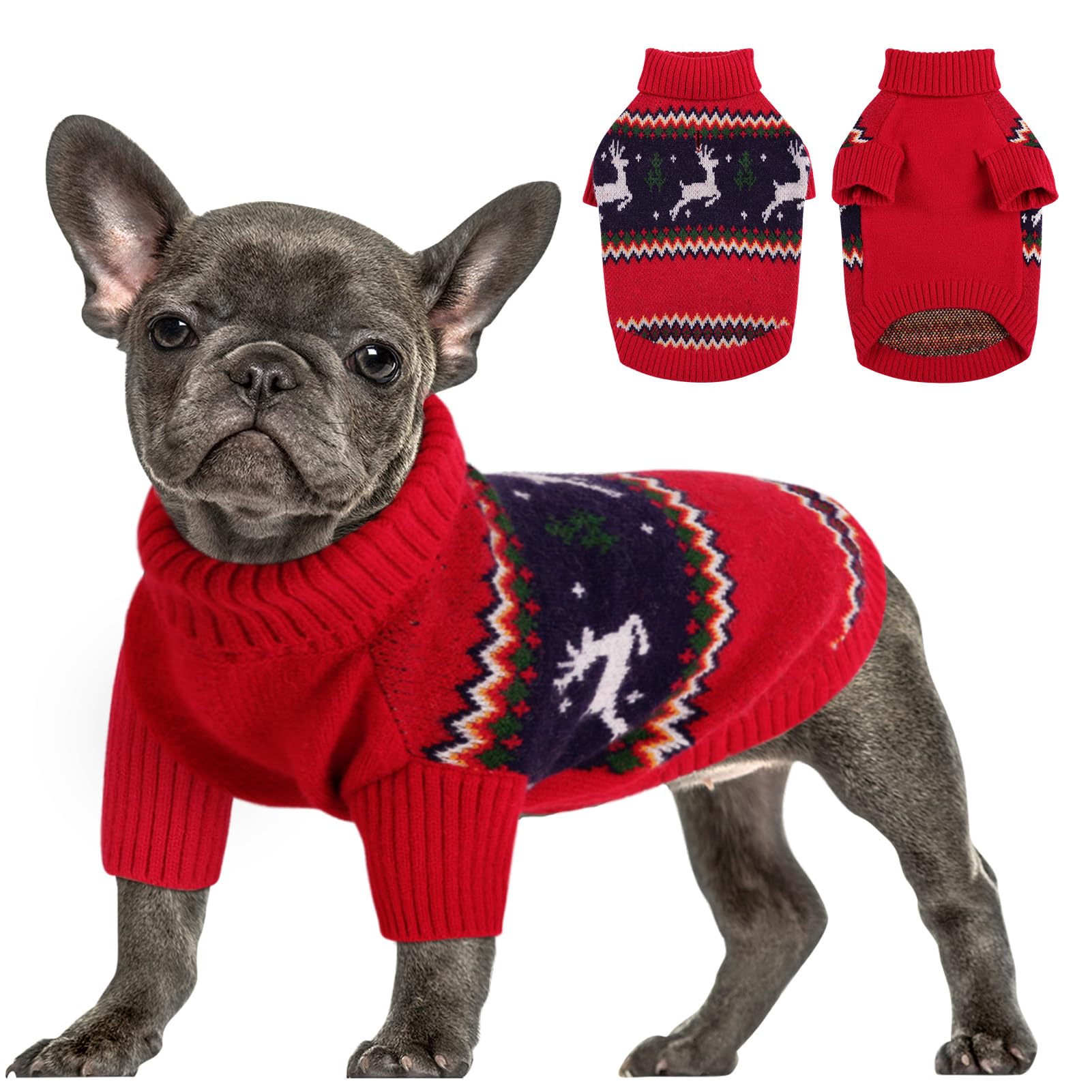 Photo 1 of Queenmore Christmas Dog Sweater - Knitted Pullover Turtleneck Outfit, Warm Clothes for Small Dogs Boys or Girls L