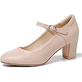 Women's Mary Jane Pumps, Block Heel, Round Toe, Ankle Strap with Buckle, 2.48 Inch Office Church Dress Shoes