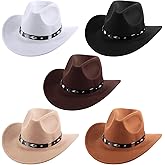 Toulite 5 Pcs Western Cowboy Hats with Buckle Belt Women Men Felt Wide Brim Cowgirl Hats Travel Caps Gift for Christmas