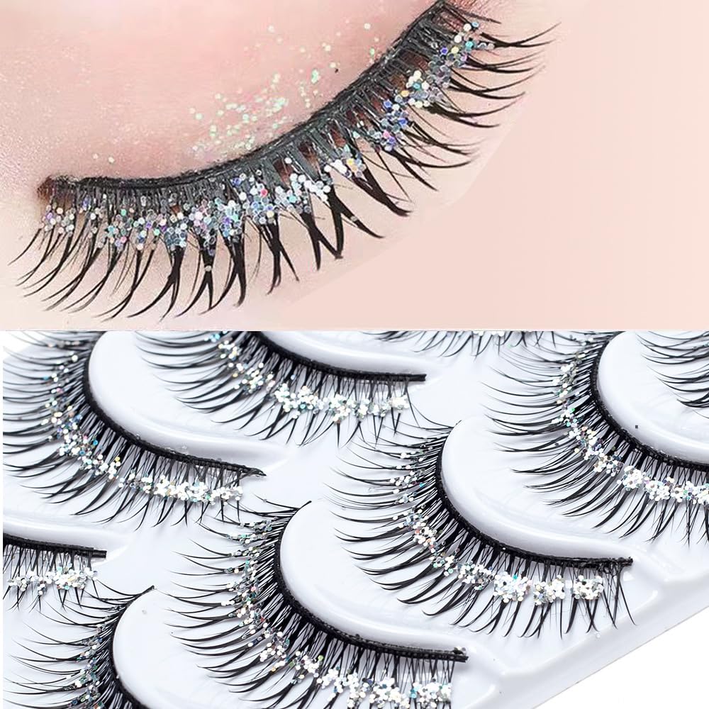 Photo 1 of Halloween lashes Sparkling Glitter Sequins Fake Lashes Clusters - Silver Colored 5 Pairs eyelashes Extension, natural look colored lashes strip lashes dramatic lashes - Perfect for Anyone