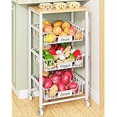 Giwil Vegetable Fruit Basket for Kitchen Pantry Organizers Storage, 4-Tier Utility Rolling Cart on Wheels with Wood Top and Drawer Wire Baskets for Onions Potatoes Snacks, White