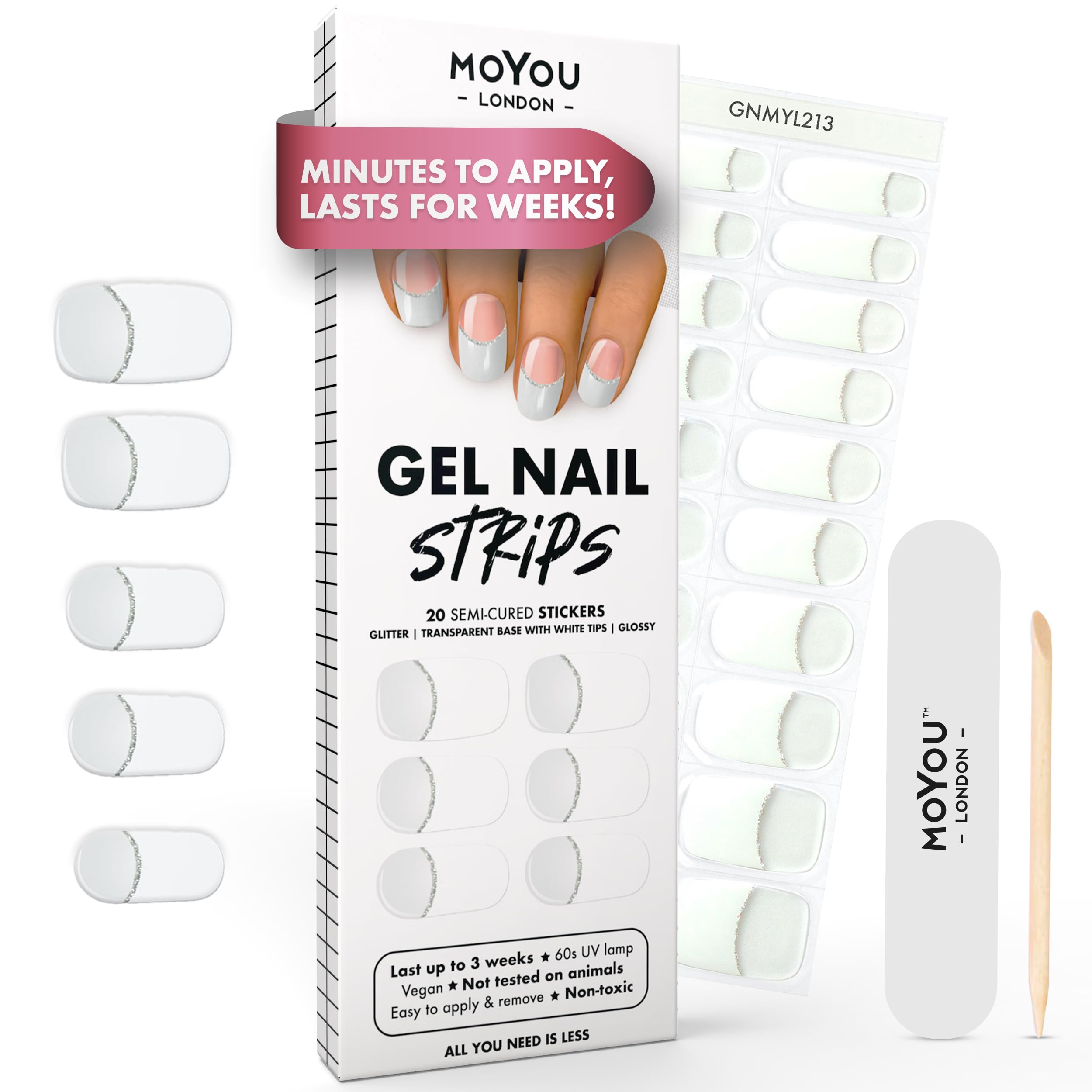 MOYOU LONDON Semi Cured Gel Nail Strips - 20 Pcs. Waterproof Gel Nail Wraps, Cures in Sunlight or UV/LED Lamp, Lasts Up to 2+ Weeks, Stretchable, Easy to Apply & Remove, Vegan & Cruelty-Free