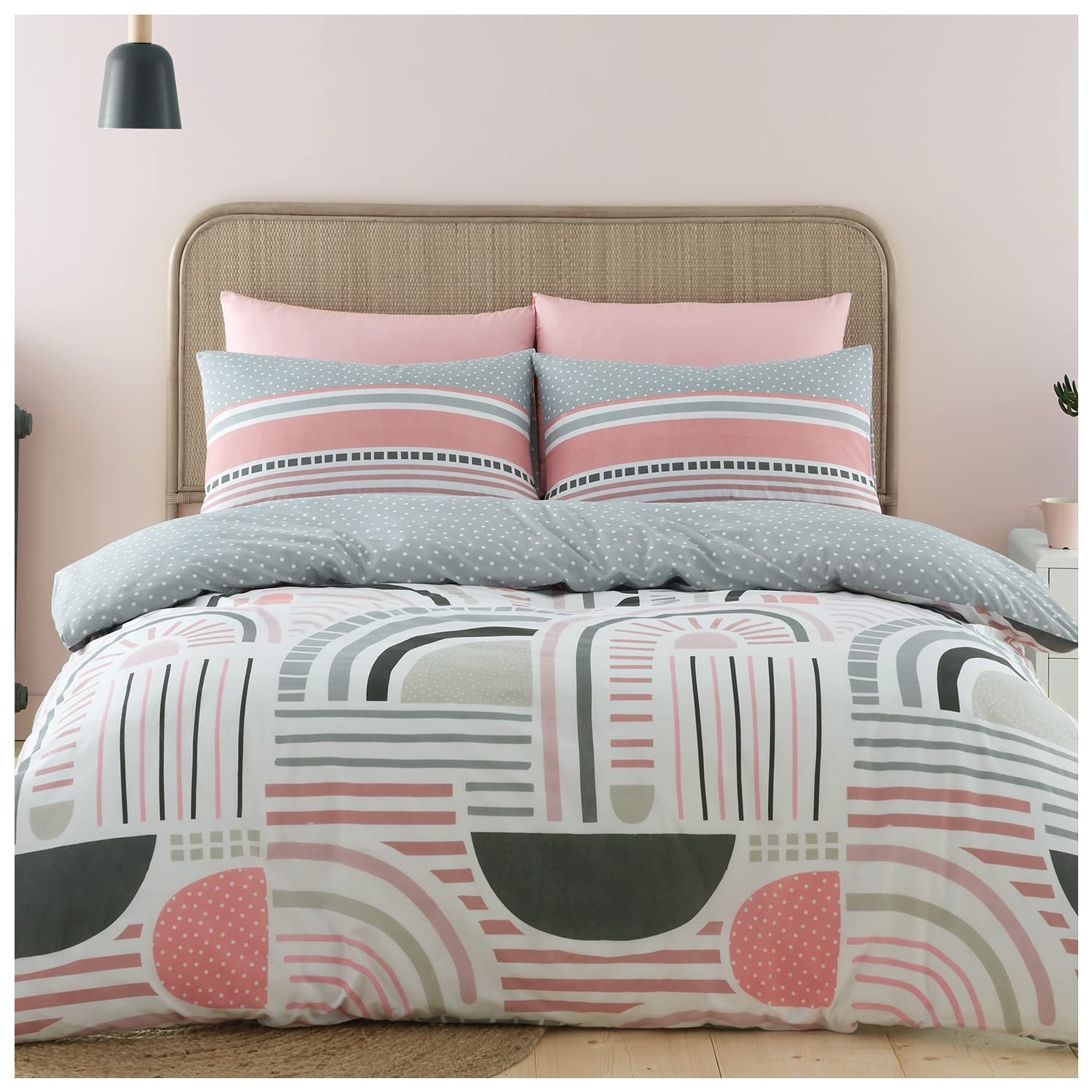 GC GAVENO CAVAILIA Stripe Duvet Cover King Size, Super Soft Reversible Polka Dots Bedding Set, Washable Bed Covers, Blush Pink/Grey