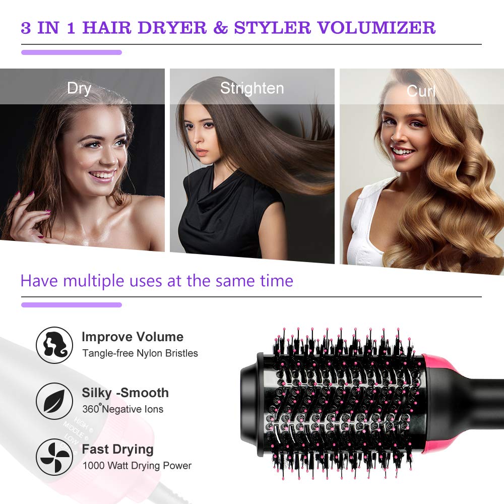 Hair Dryer Brush，Flymall One Step Hair Dryer & Volumizer Hot Air Brush 3-IN-1 negative ion Straightening, Curling, Fast Drying for Hair Styling, Reducing Frizz (black)